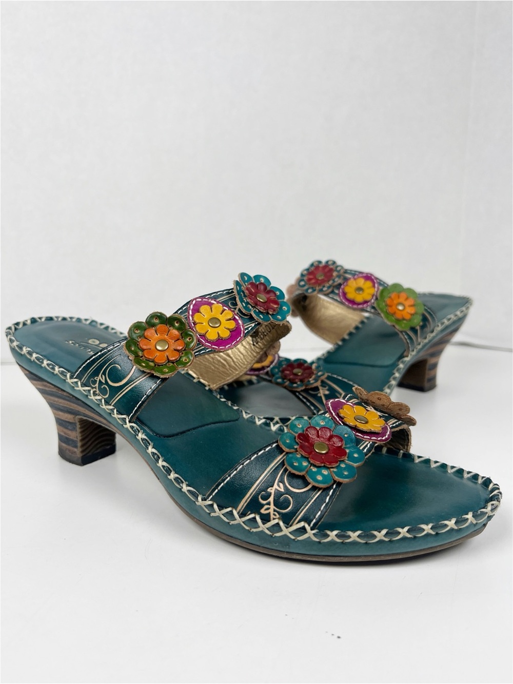 SPRING STEP Women’s Size EU 40/US 9 Teal Leather Floral Ambroisada Heeled Sandal